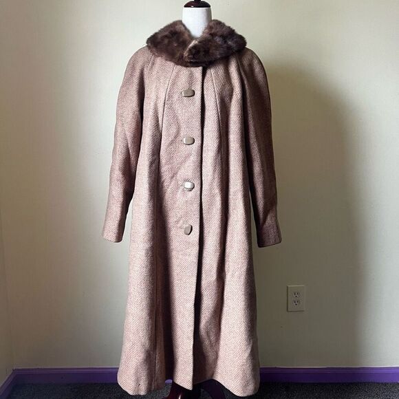 Vintage 60s Pure Wool Swing Coat Button Down Tan‎ Brown Fur Collar Medium - Picture 1 of 13